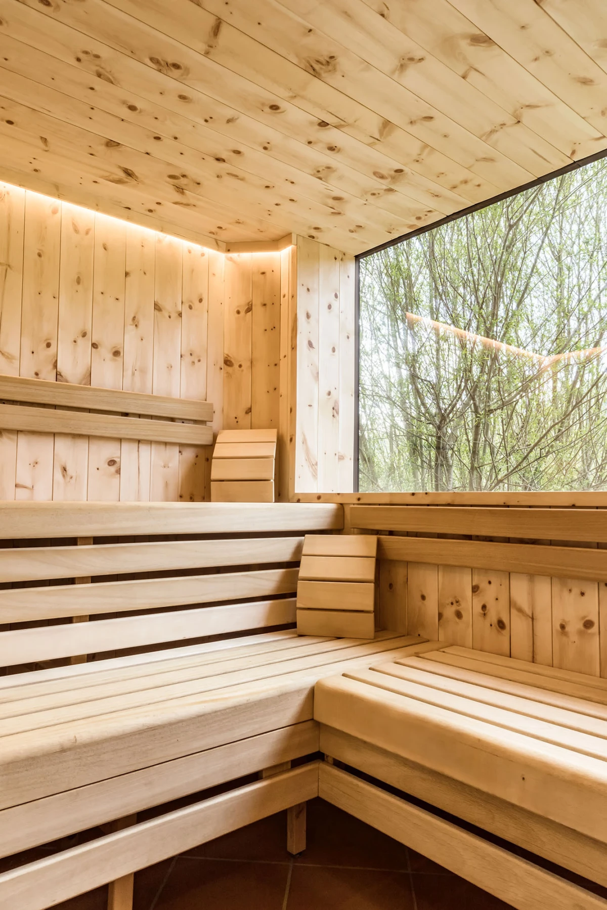 Leerer Saunaraum aus hellem Holz mit mehrstufigen Bänken; großes Fenster mit Blick auf Baumreihe im Garten.