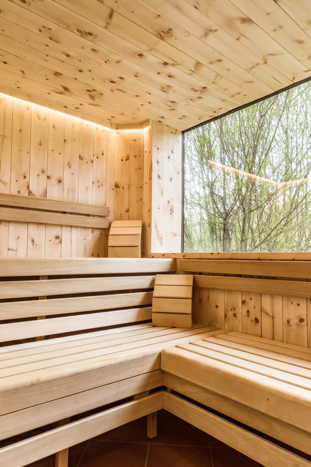 Holzsauna-Innenraum mit Eck- und Wandbänken, Fenster mit Blick auf grüne Bäume, warme Innenbeleuchtung.